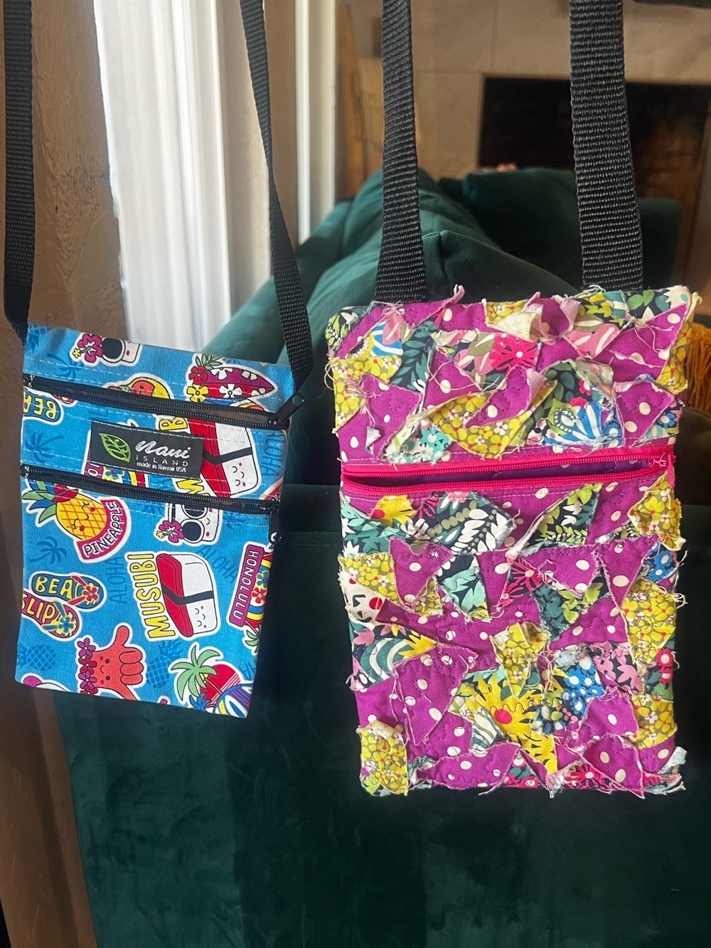 Set of 2 Crossbody Bag - Blue Tropical Print and pink patchwork.